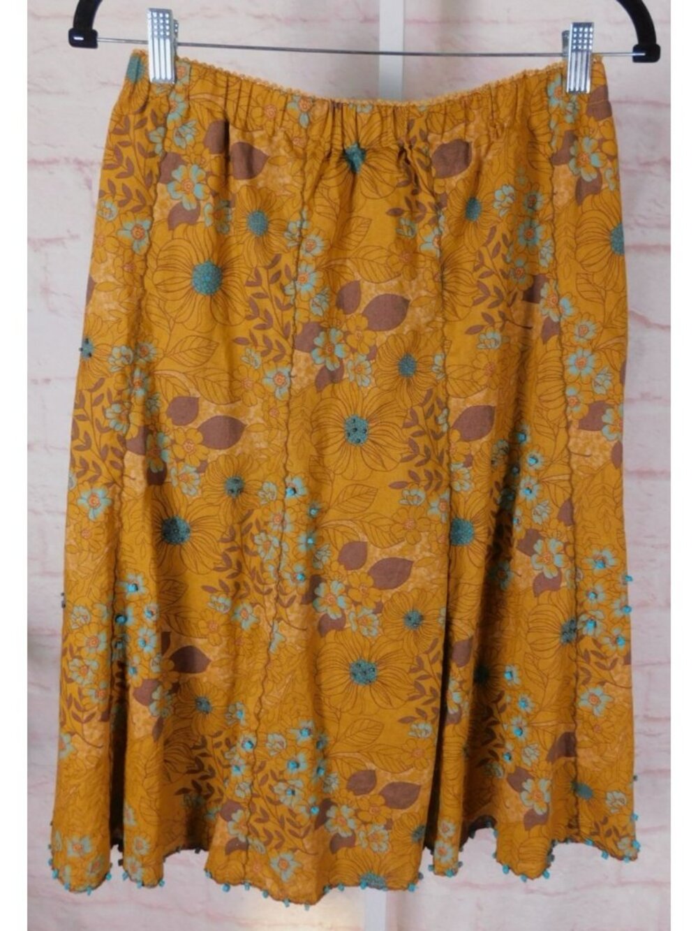 Susan Graver Yellow Floral Elastic Waist Skirt Small Cotton Linen Blend